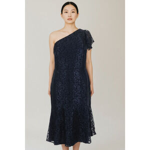 RALPH LAUREN DRESS 12 NEW Midi Navy Blue Sparkle One Shoulder Flutter Cocktail
